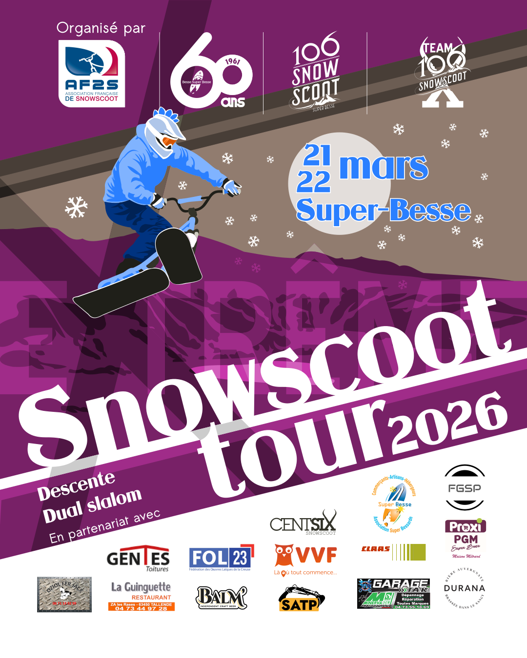 Affiche du Snowscoot Tour 2026 à Super-Besse les 21 & 22 mars 2026.
